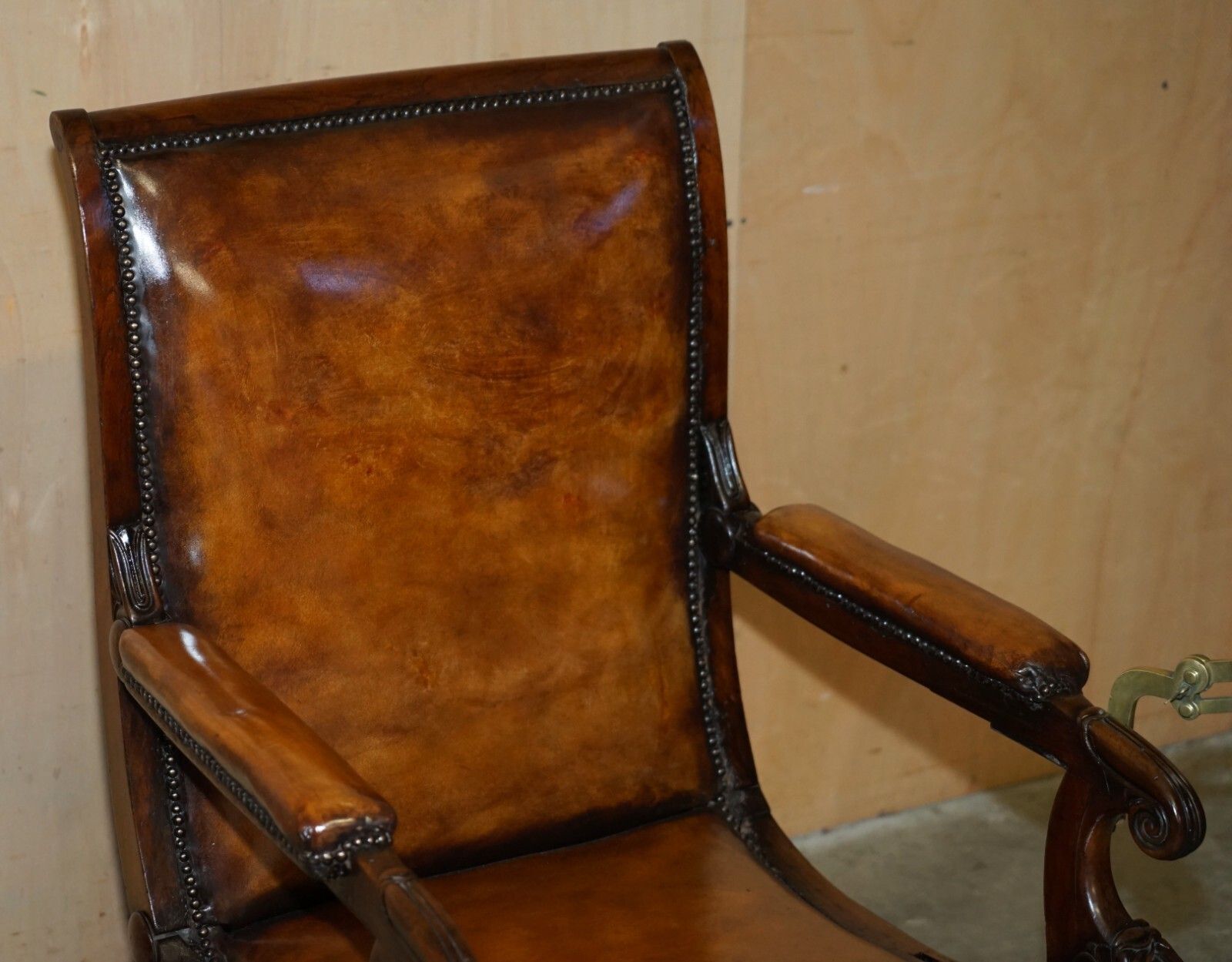 Original Antique Robert Daws Rosewood Brown Leather Reclining Library Armchair photo 8950.0