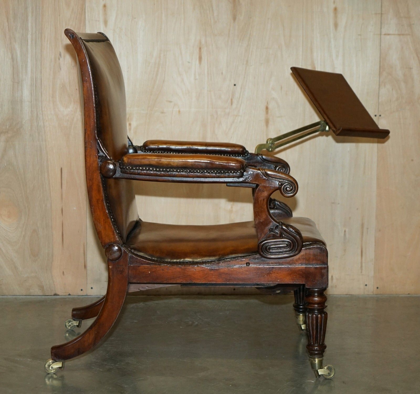 8950.0 Original Antique Robert Daws Rosewood Brown Leather Reclining Library Armchair photo