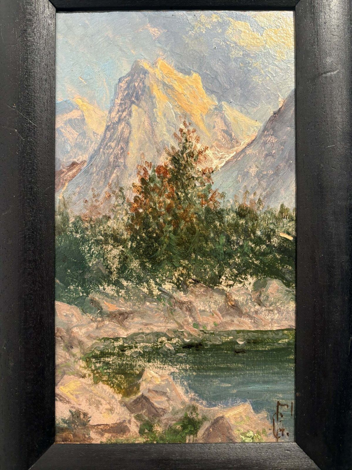 Oil Painting On Panel Of Mountain Landscape 1940s photo vinterior