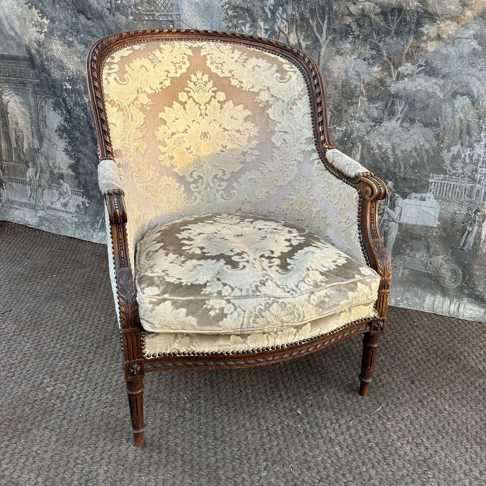 French Antique 19th Century Duchesse Armchair – Solid Walnut, Velvet Upholstery photo for sale