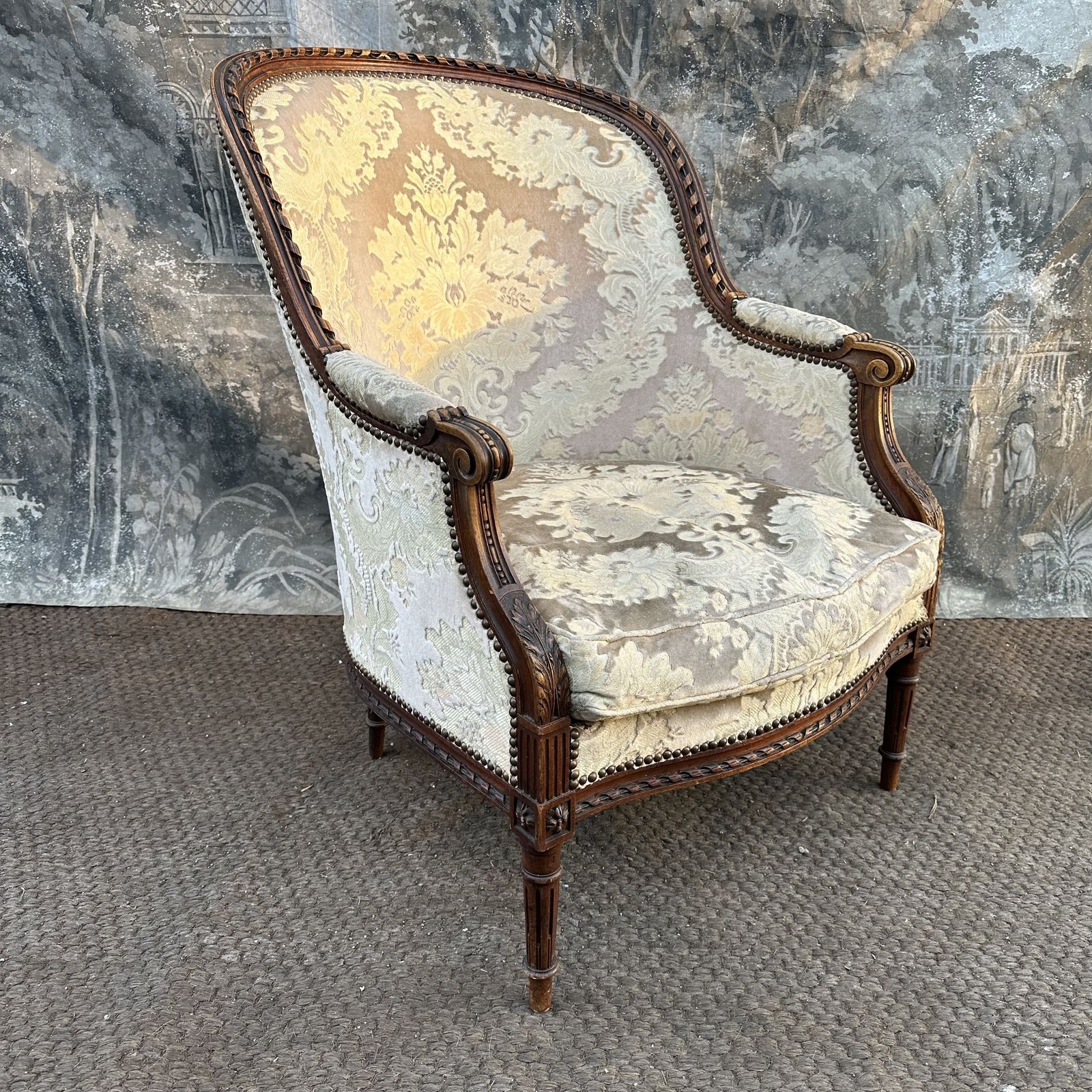French Antique 19th Century Duchesse Armchair – Solid Walnut, Velvet Upholstery