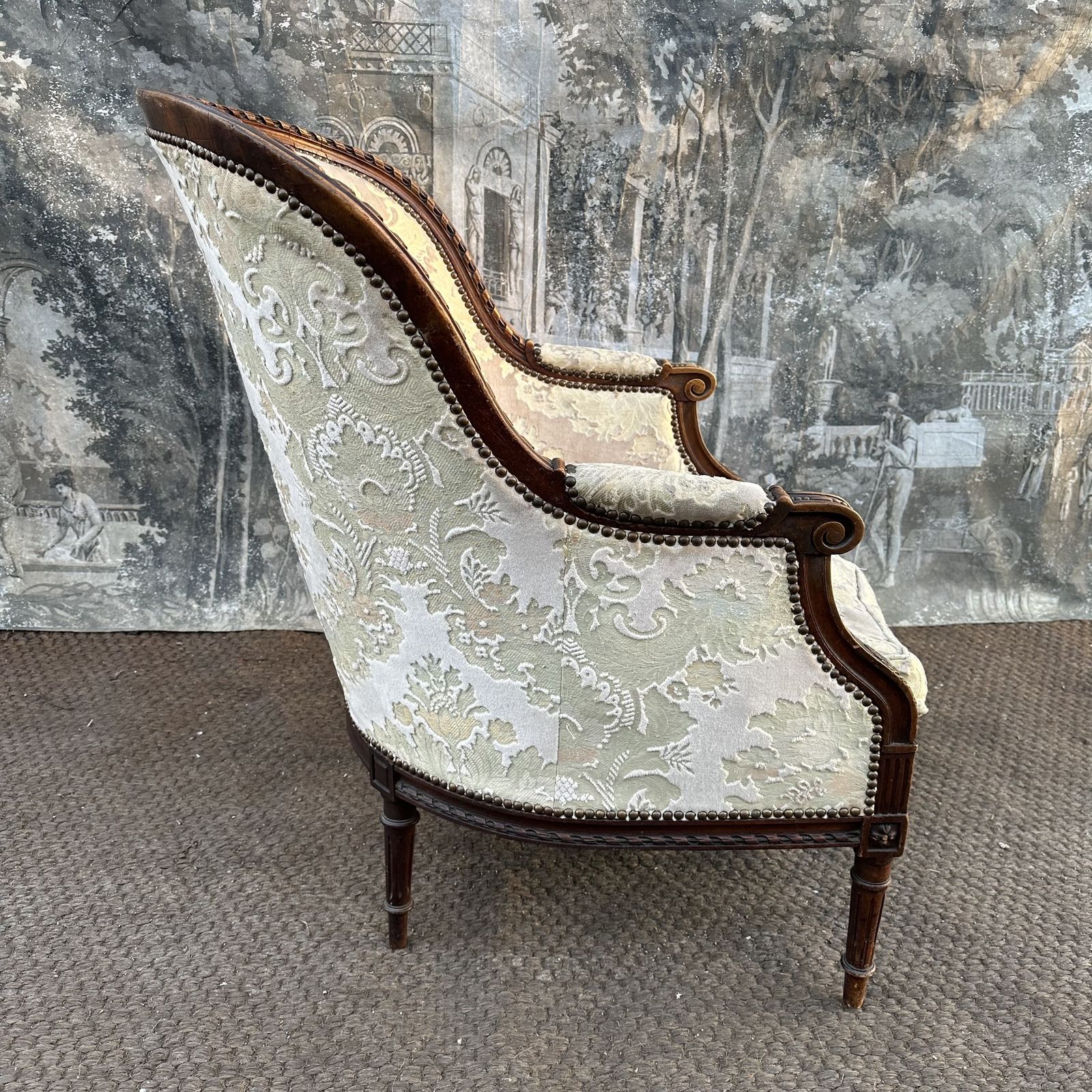 French Antique 19th Century Duchesse Armchair – Solid Walnut, Velvet Upholstery photo vintage