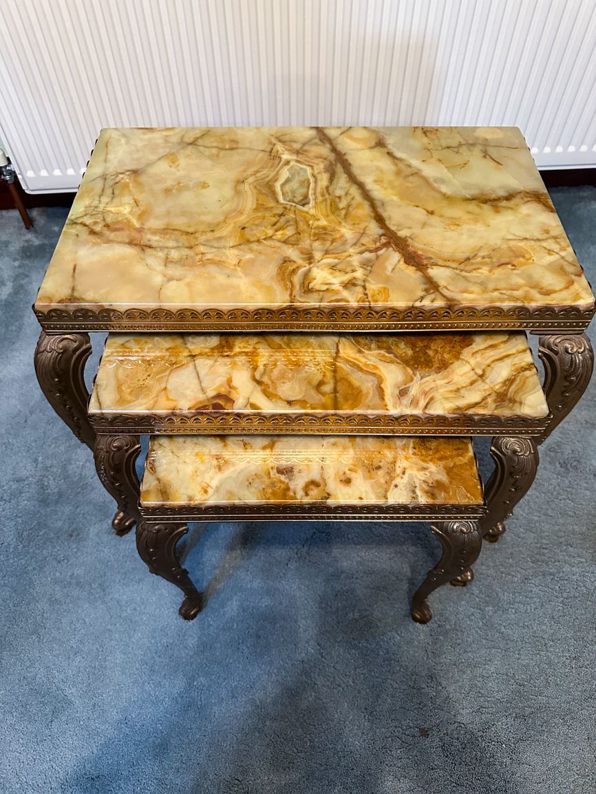 Three Nested Louis XV Style In Green Yellow Onyx With Brass French Legs