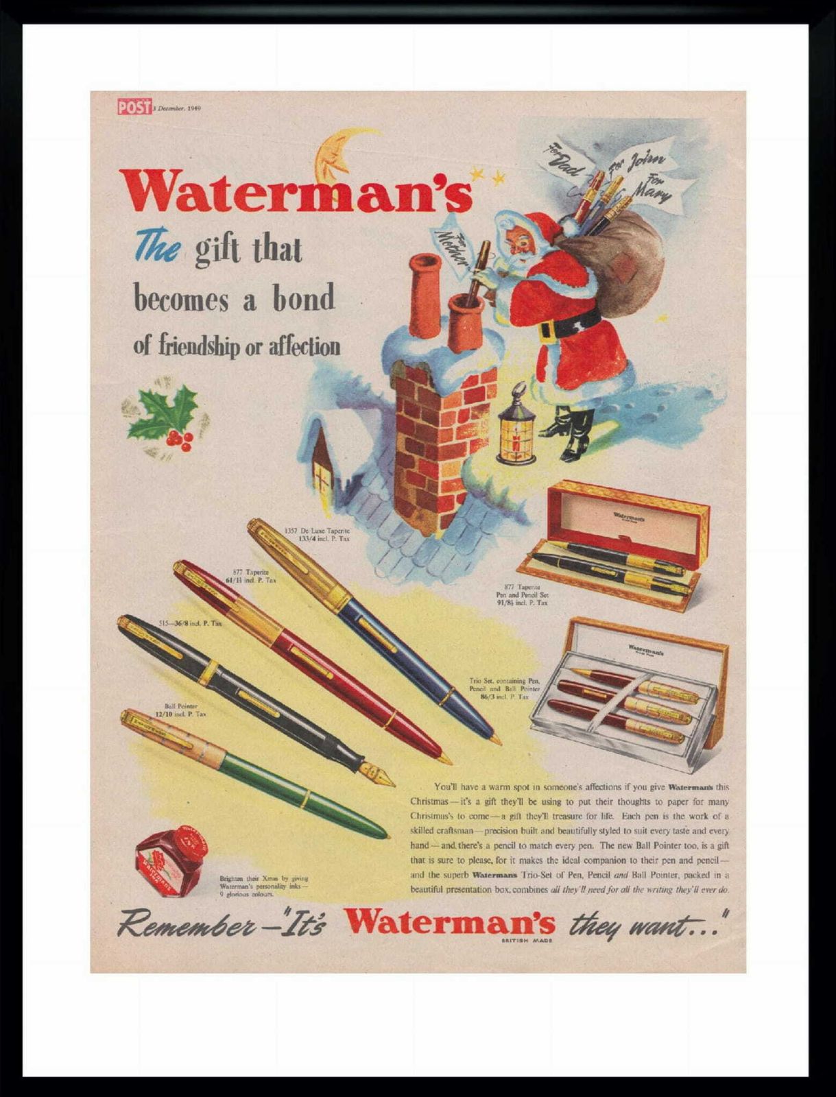 Framed American Advertisement For Waterman Pens From 1949