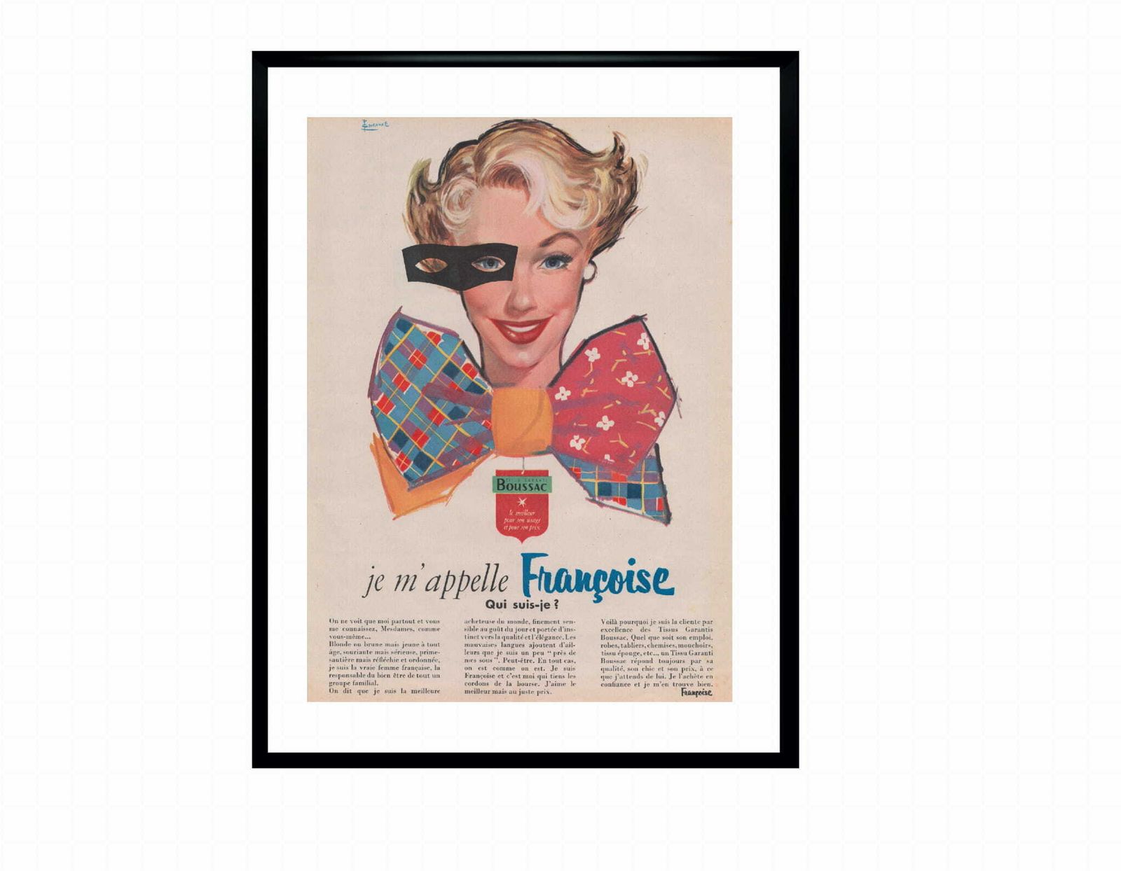 Framed French Advertisement For Boussac, Designed By Pierre Couronne, 1954 photo furniture