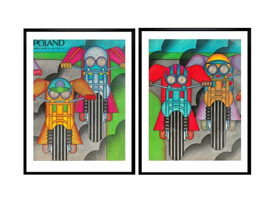 Two Framed Covers Of Polska Magazine, "Motorcycle Racing", Author. Andrzej Krajewski 1972