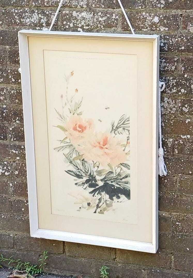 Retro Cheng Wu Fei Framed Lithograph Of Peony, 1959, Printed By Frost & Reed, London; Chinese Art In Retro Wooden Frame (51.5cm X 82.5cm)
