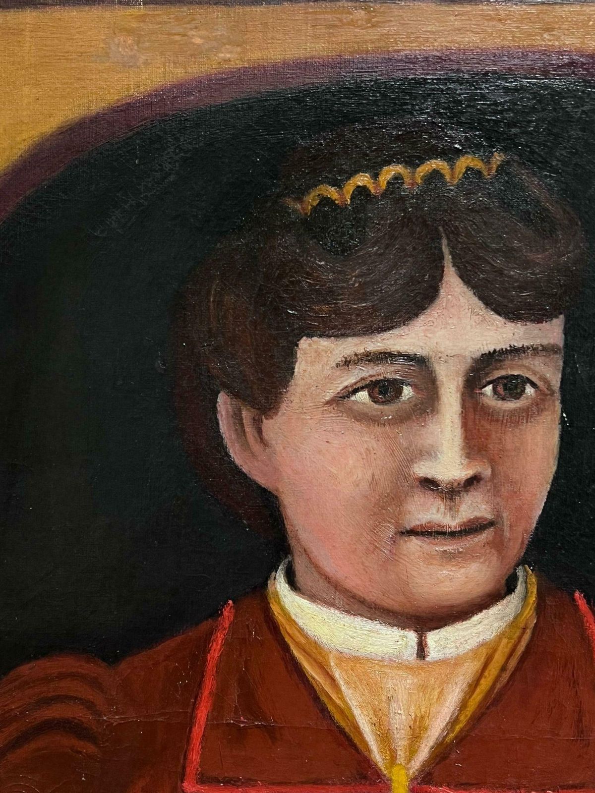 19th Century French Naive Portrait Of Lady Large Oil Painting On Canvas photo for sale