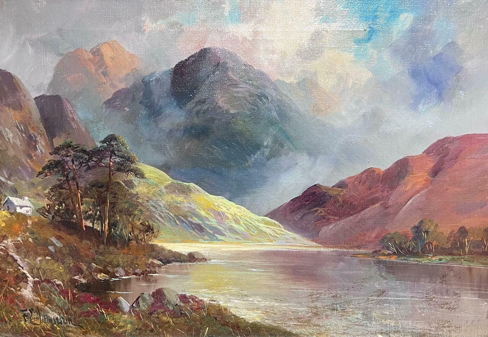 F. E. Jamiesonantique Scottish Highland Landscape Signed Oil Painting Loch In Mountains