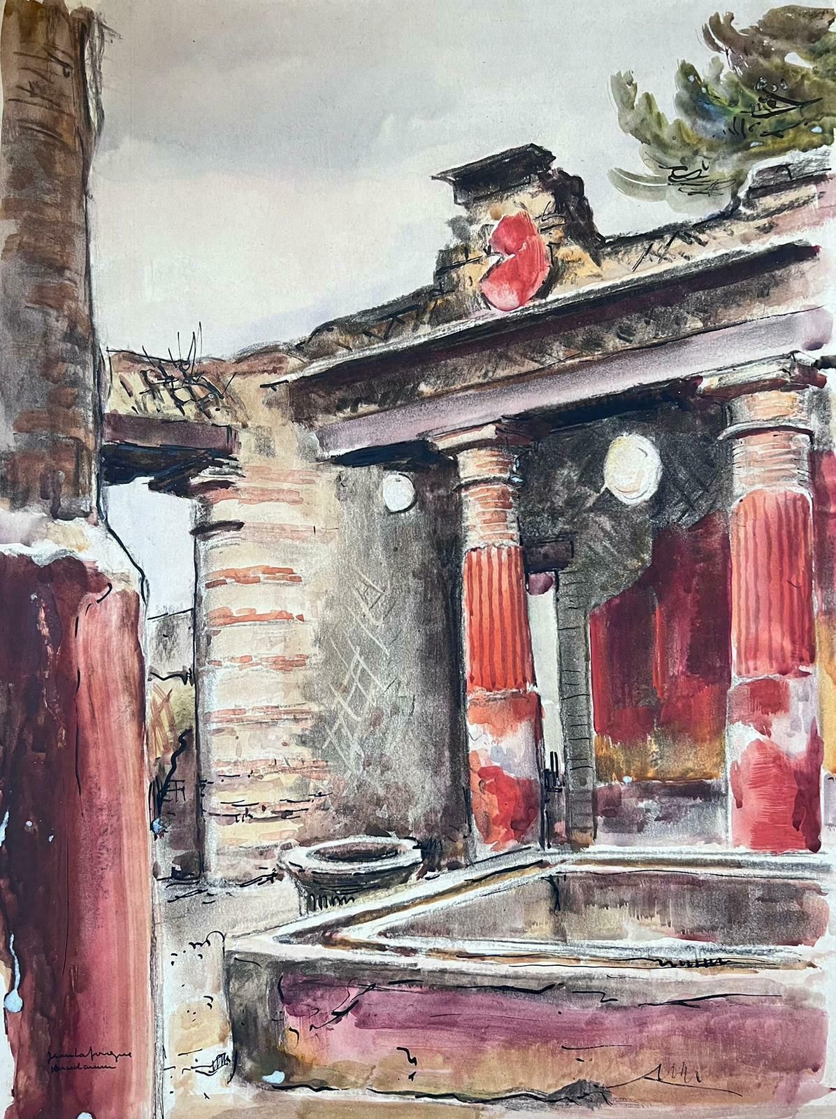 Jean Laforgueold Roman Baths & Buildings Red Villa Signed French Impressionist Painting