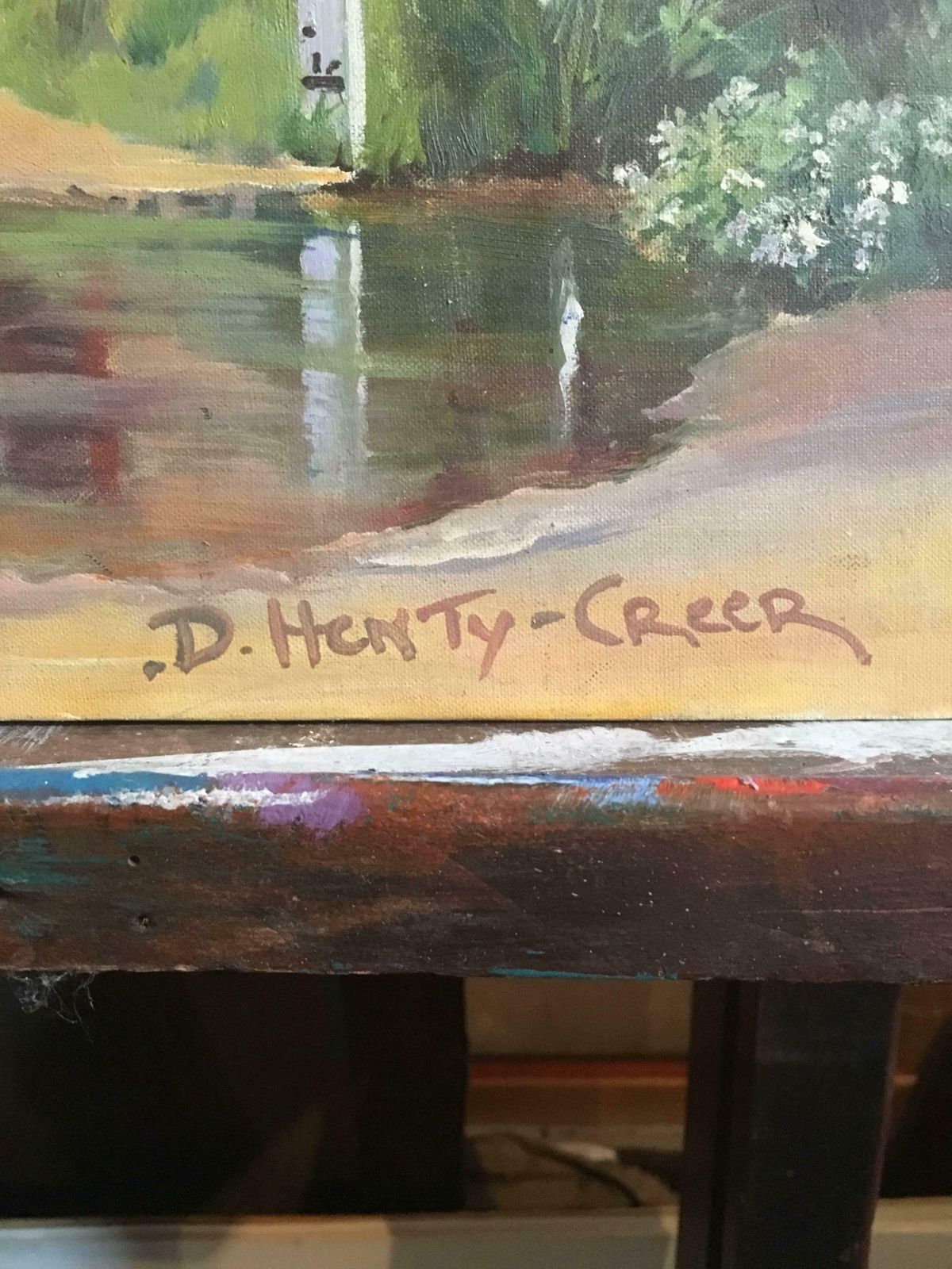 Deidre Henty Creerthe English Village Kings Somborne, River Ford Hampshire   Oil Paintingc. 1960's photo for sale