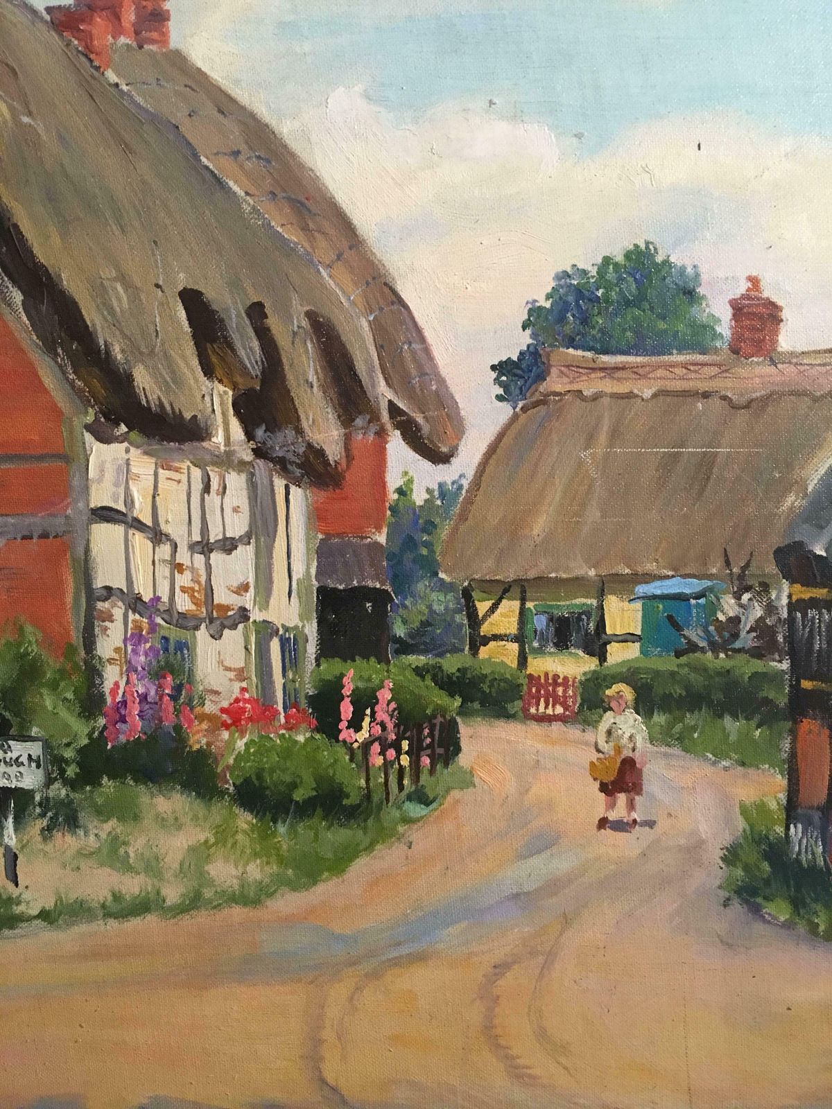 Deidre Henty Creerthe English Village Kings Somborne, River Ford Hampshire   Oil Paintingc. 1960's photo vintage