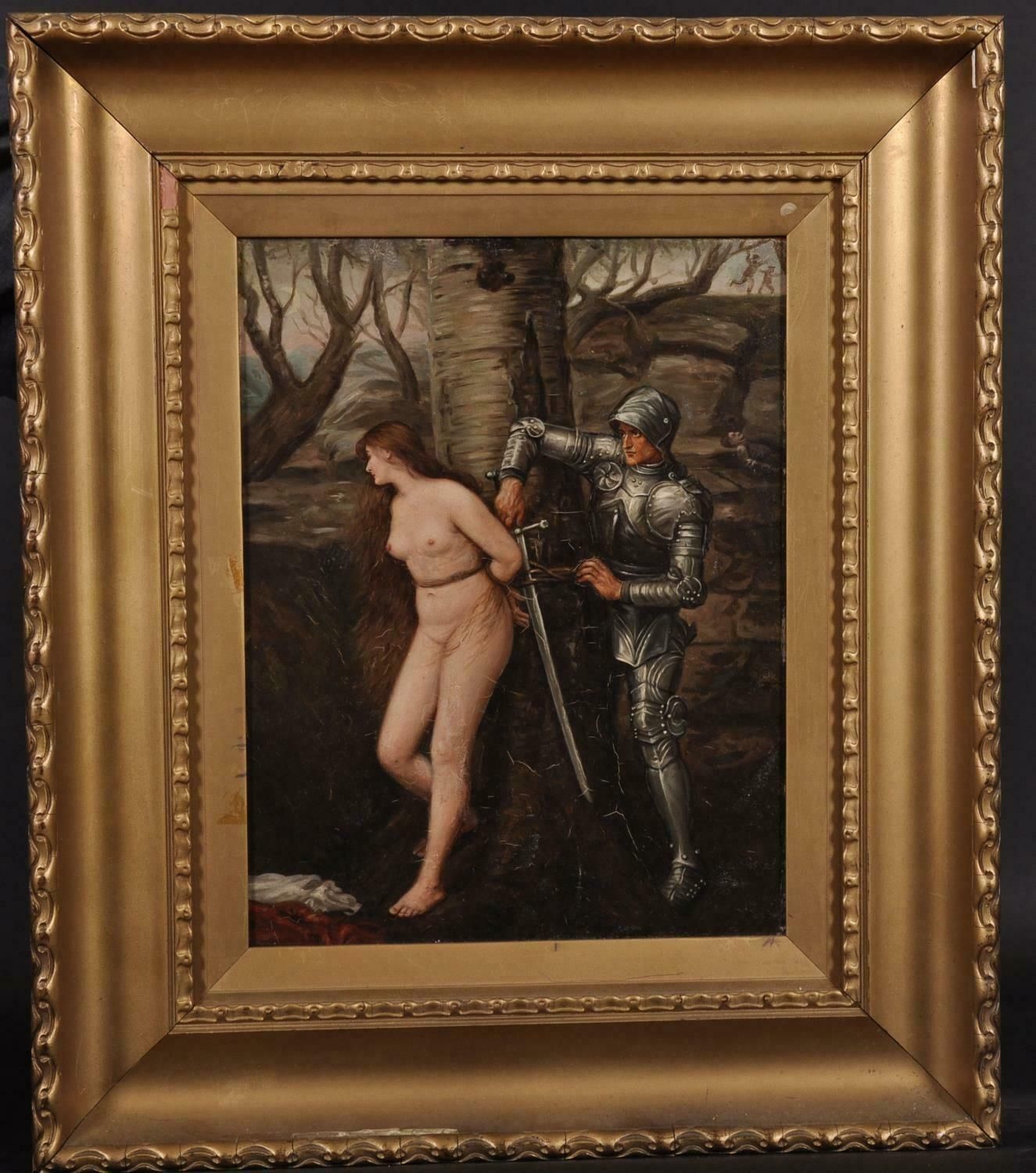 Antique English Oil Painting 'The Knight Errant' Pre Raphaelite Nude & Knightc. 1900's photo furniture