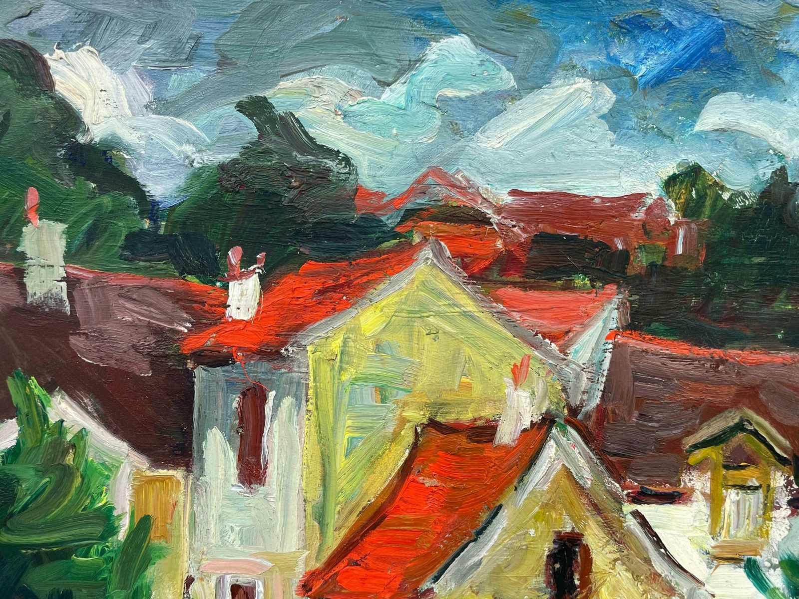 French Fauvist1950's French Fauvist Signed Oil Red Roof Tops Pink Houses Scenec. 1950's photo for sale