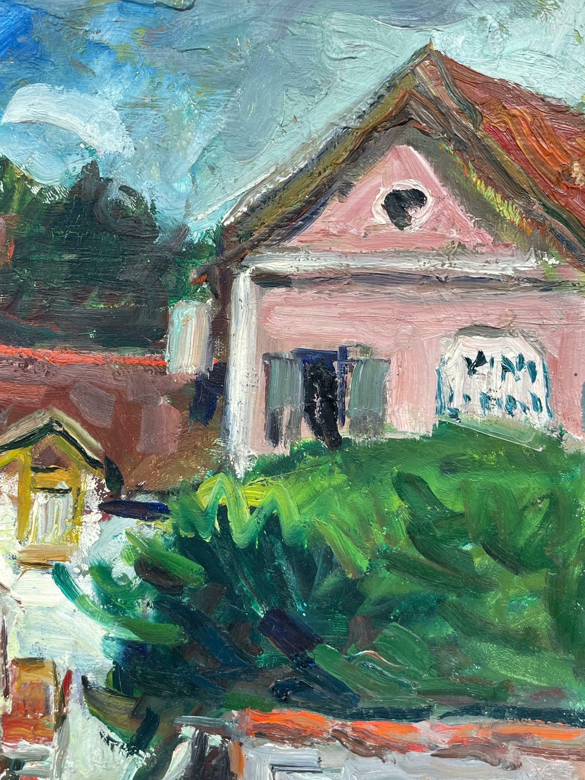 French Fauvist1950's French Fauvist Signed Oil Red Roof Tops Pink Houses Scenec. 1950's photo vinterior