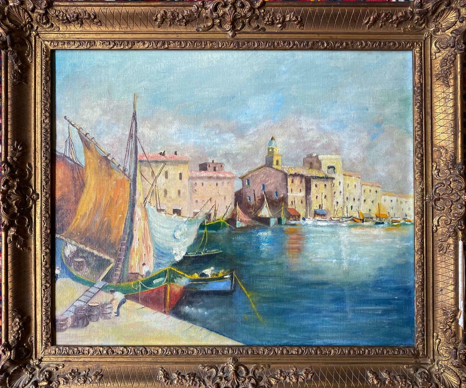 Unknownvintage French Oil Loading The Boats In Mediterranean Sleepy Harbour Townc. 1970's