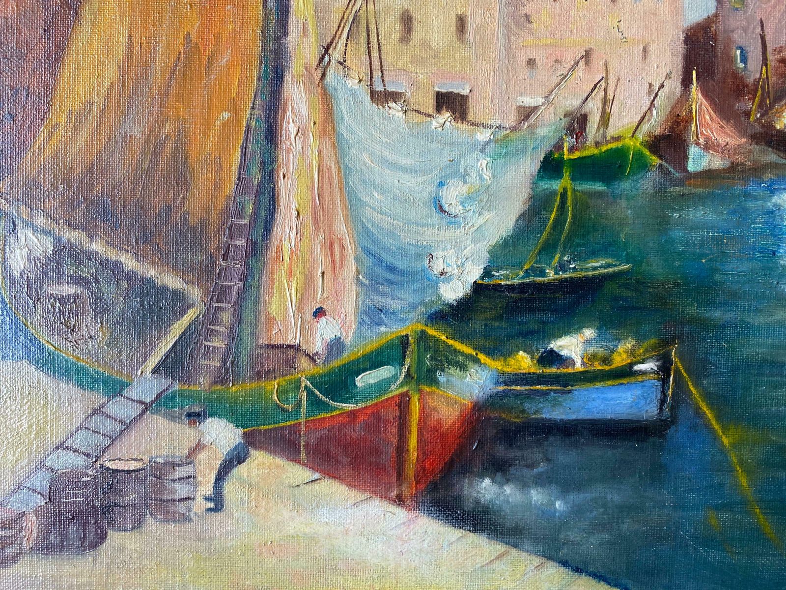Unknownvintage French Oil Loading The Boats In Mediterranean Sleepy Harbour Townc. 1970's photo Art