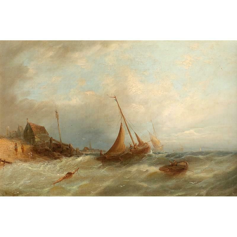 William Henry Williamson (1820 1883)victorian Signed Oil Painting Fishing Boats In Choppy Seas Off Old Harbour1874
