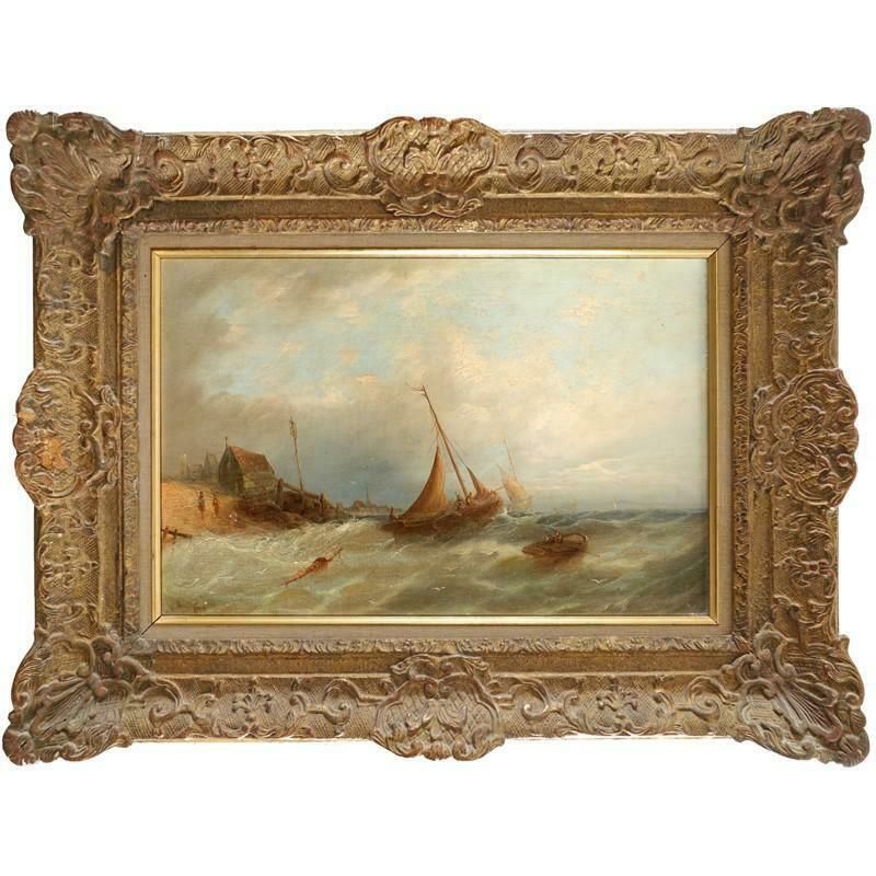 William Henry Williamson (1820 1883)victorian Signed Oil Painting Fishing Boats In Choppy Seas Off Old Harbour1874 photo furniture