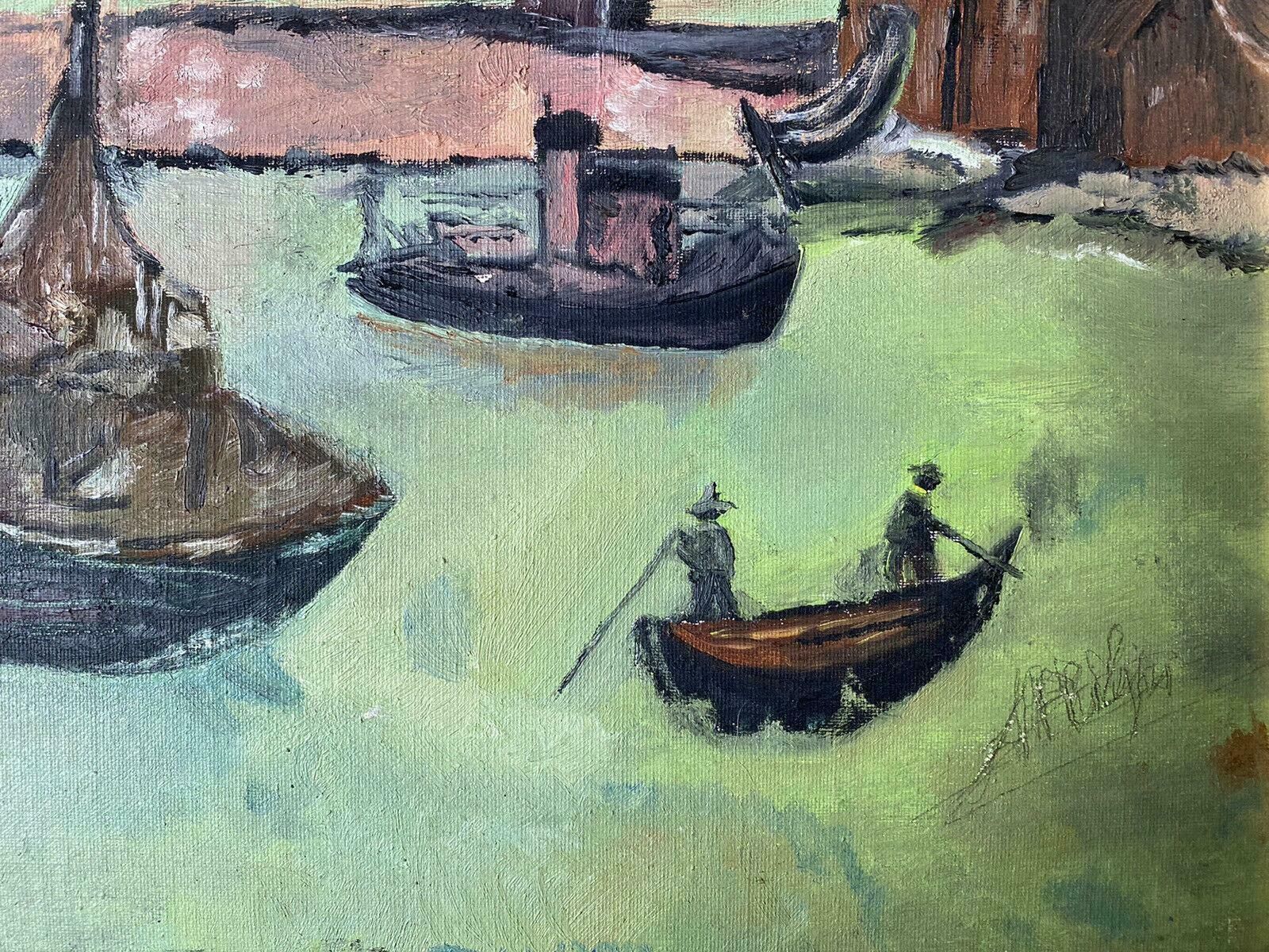 Unknownvintage French 1970's Oil   Fishing Boats In Old Harbour   Blue/Green Colours20th Century photo vinterior