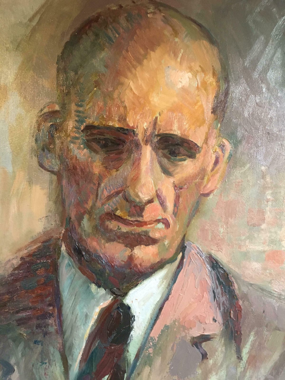 Modern Britishsombre Gentlemen, Mid 20th C. Male Portrait, Original Impressionist Oil Paintingc.1950s photo vinterior