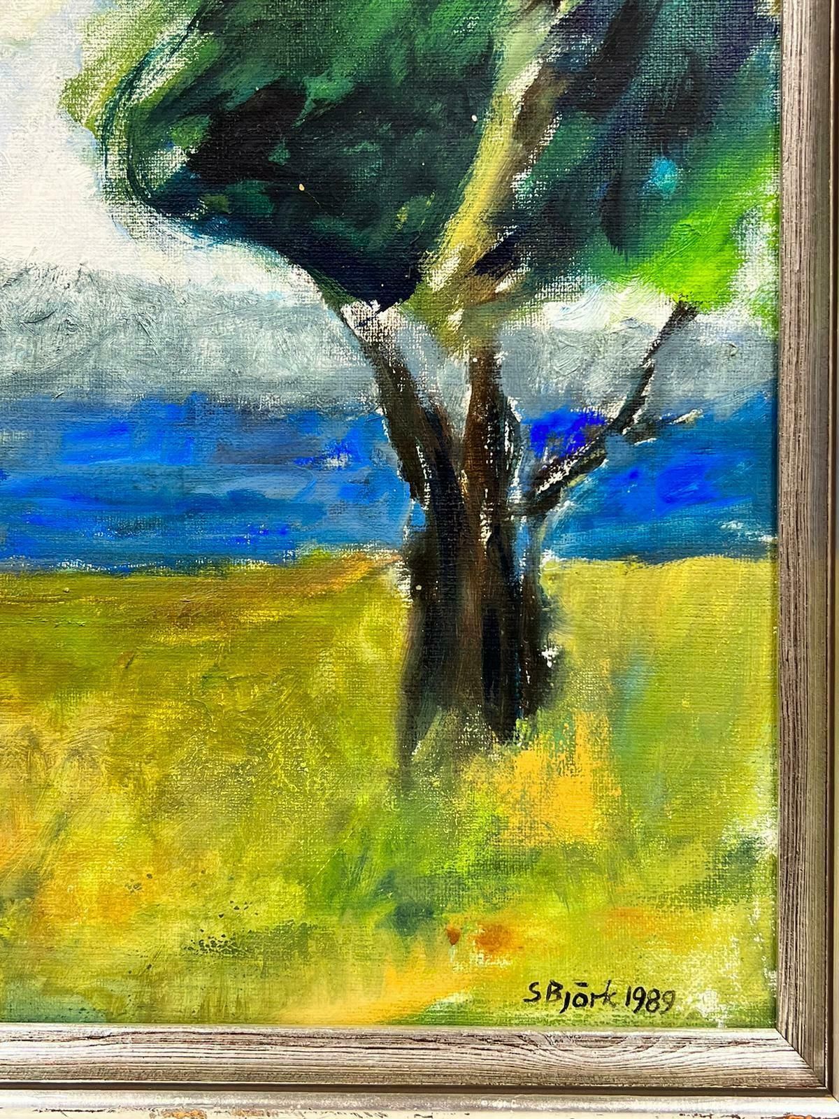 Swedish Impressionistgreen Trees In Coastal Landscape Signed Swedish Oil Painting On Canvasc. 1989 photo for sale