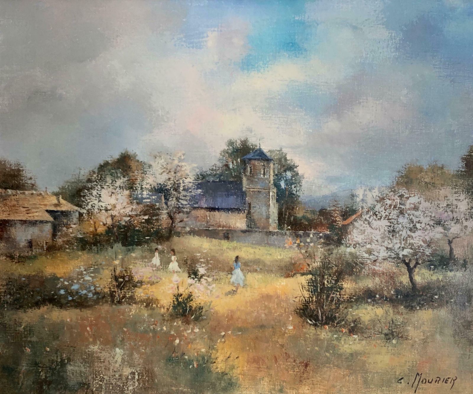 Claude Mourierchildren Playing In Orchards Blossom On Trees Signed French Impressionist Oilc. 1970's