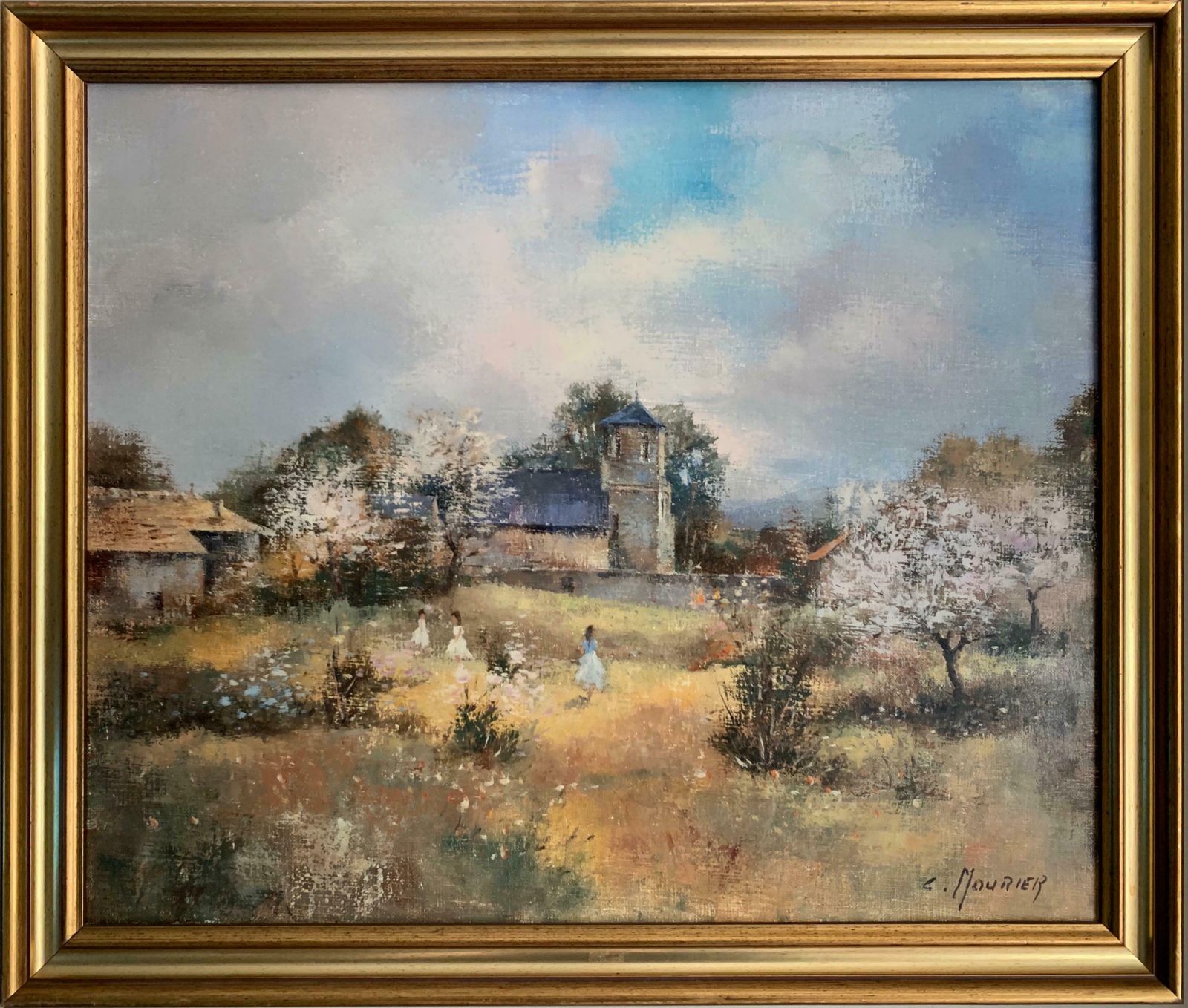 Claude Mourierchildren Playing In Orchards Blossom On Trees Signed French Impressionist Oilc. 1970's photo furniture