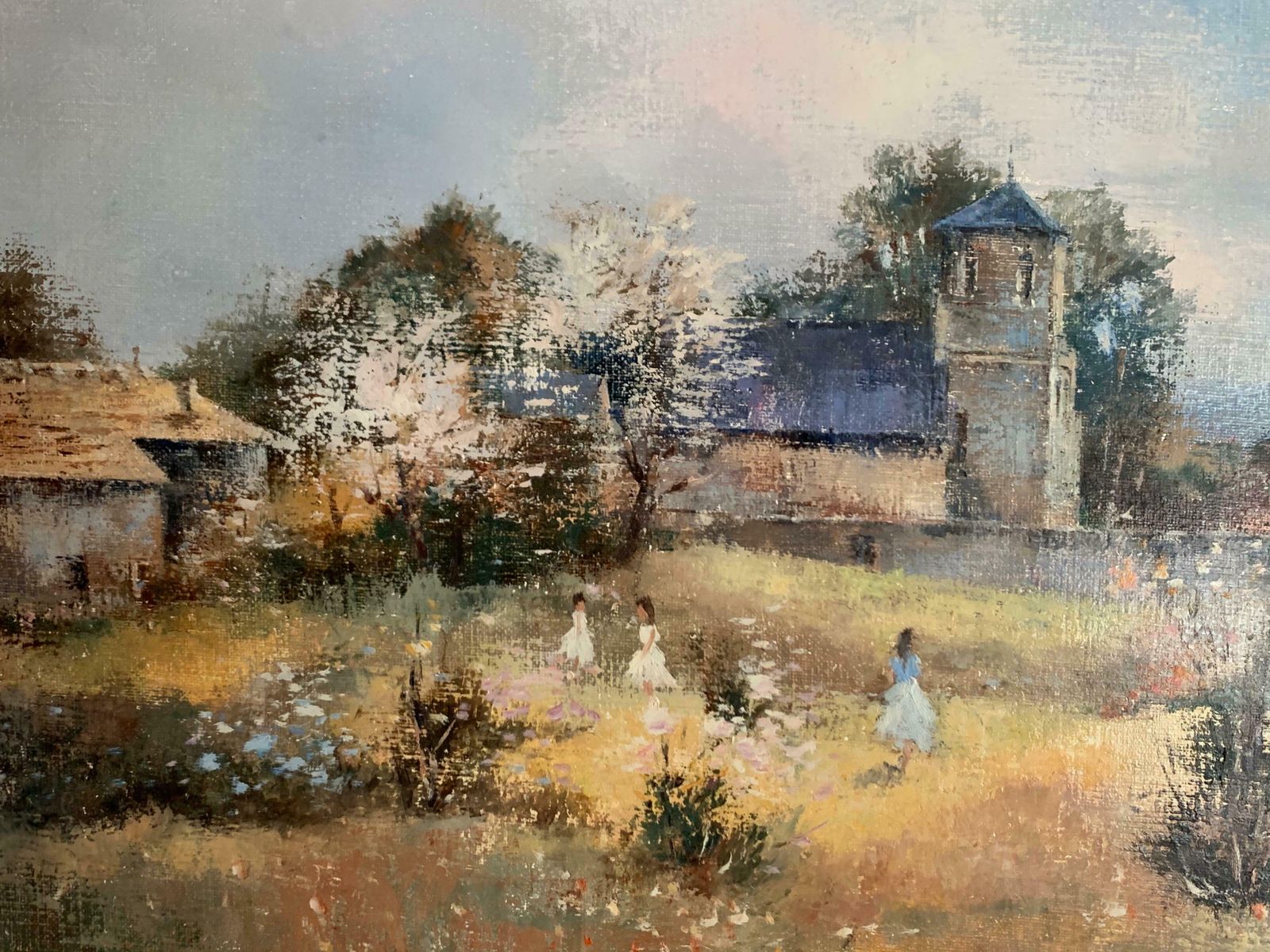 Claude Mourierchildren Playing In Orchards Blossom On Trees Signed French Impressionist Oilc. 1970's photo Art