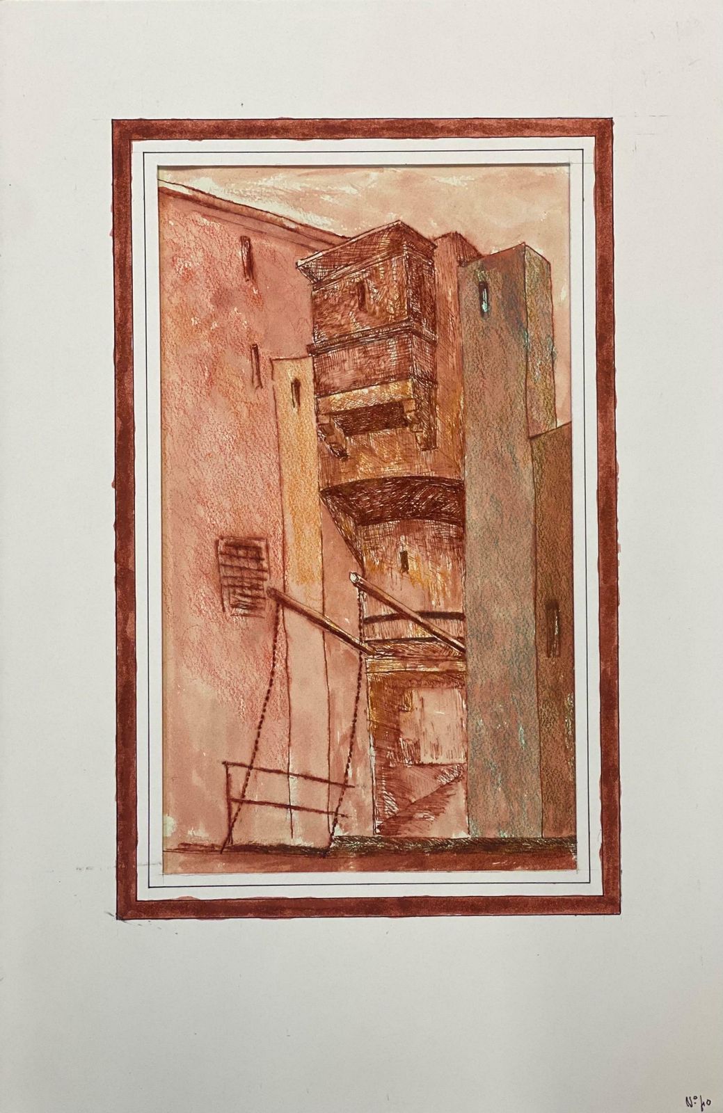 Bernard Labbe1950's Modernist Painting    Red French Tall Building1950's photo furniture