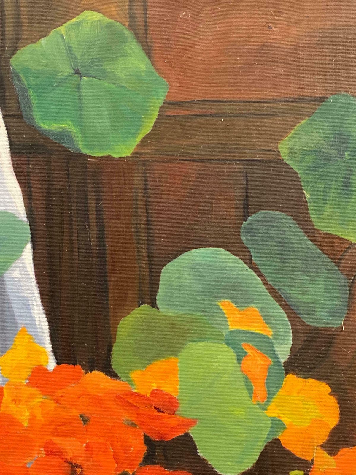 1970's Frenchorange & Green Flowers & Plants Interior Scene French Oil Painting photo for sale
