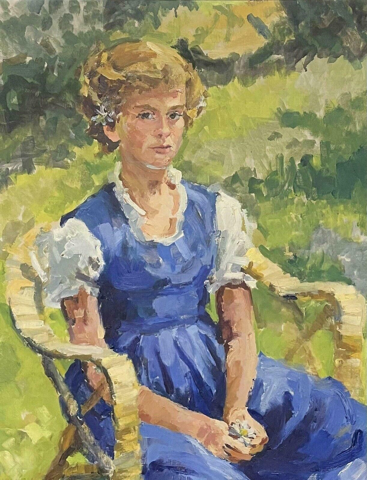 Douglas Stuart Allenportrait Young Lady In Garden With Daisies Large Impressionist Signed Painting20th Century