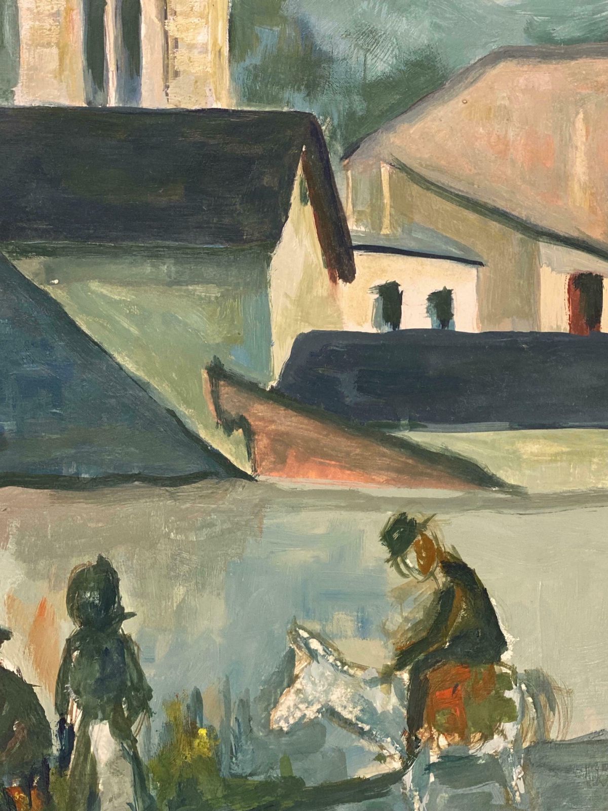 Bernard Labbe1950's Modernist Painting     Bright Blue Town Landscape With Horse And Figures1950's photo Art