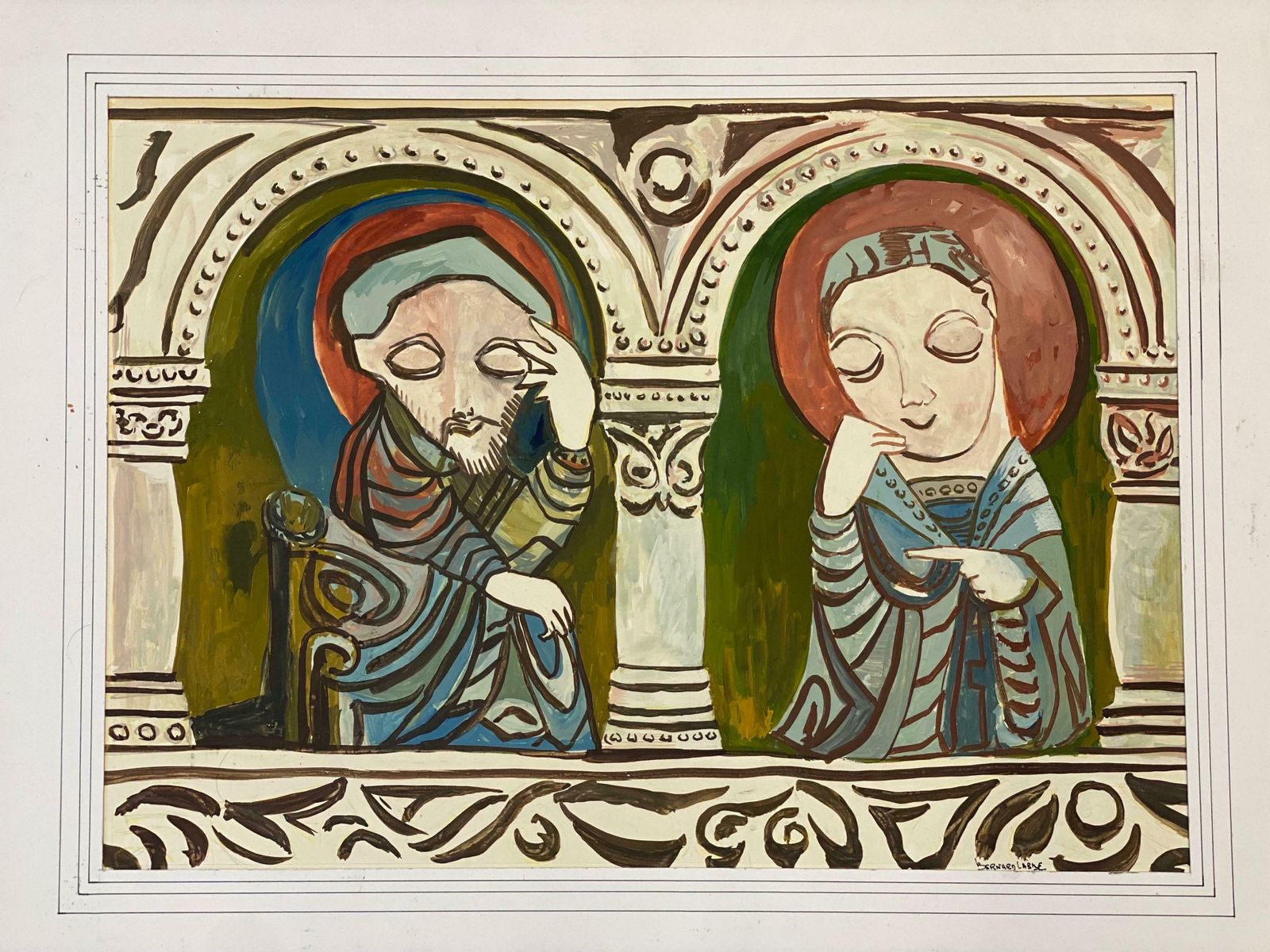 Bernard Labbe1950's Signed Modernist Painting   Two Caricature Figures1950's photo 506.0