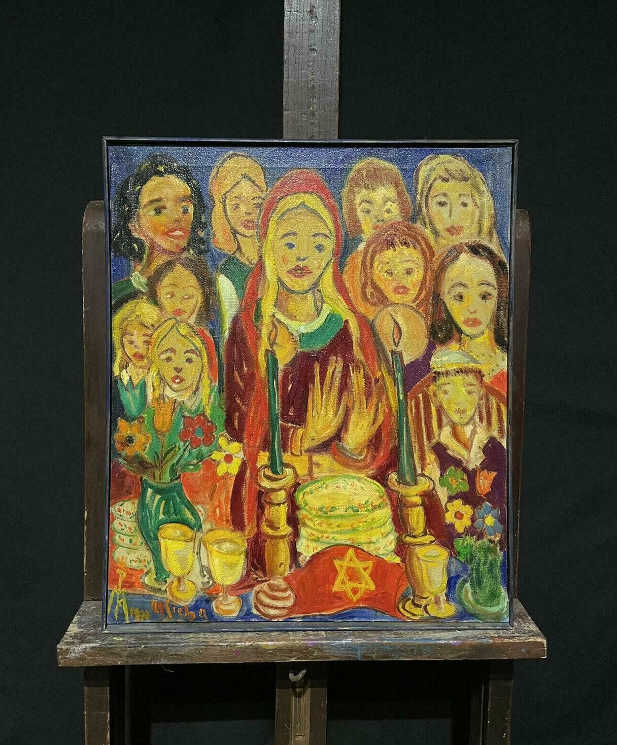 French Schoollarge French Figurative Modernist Signed Oil Painting, Many Figures photo furniture