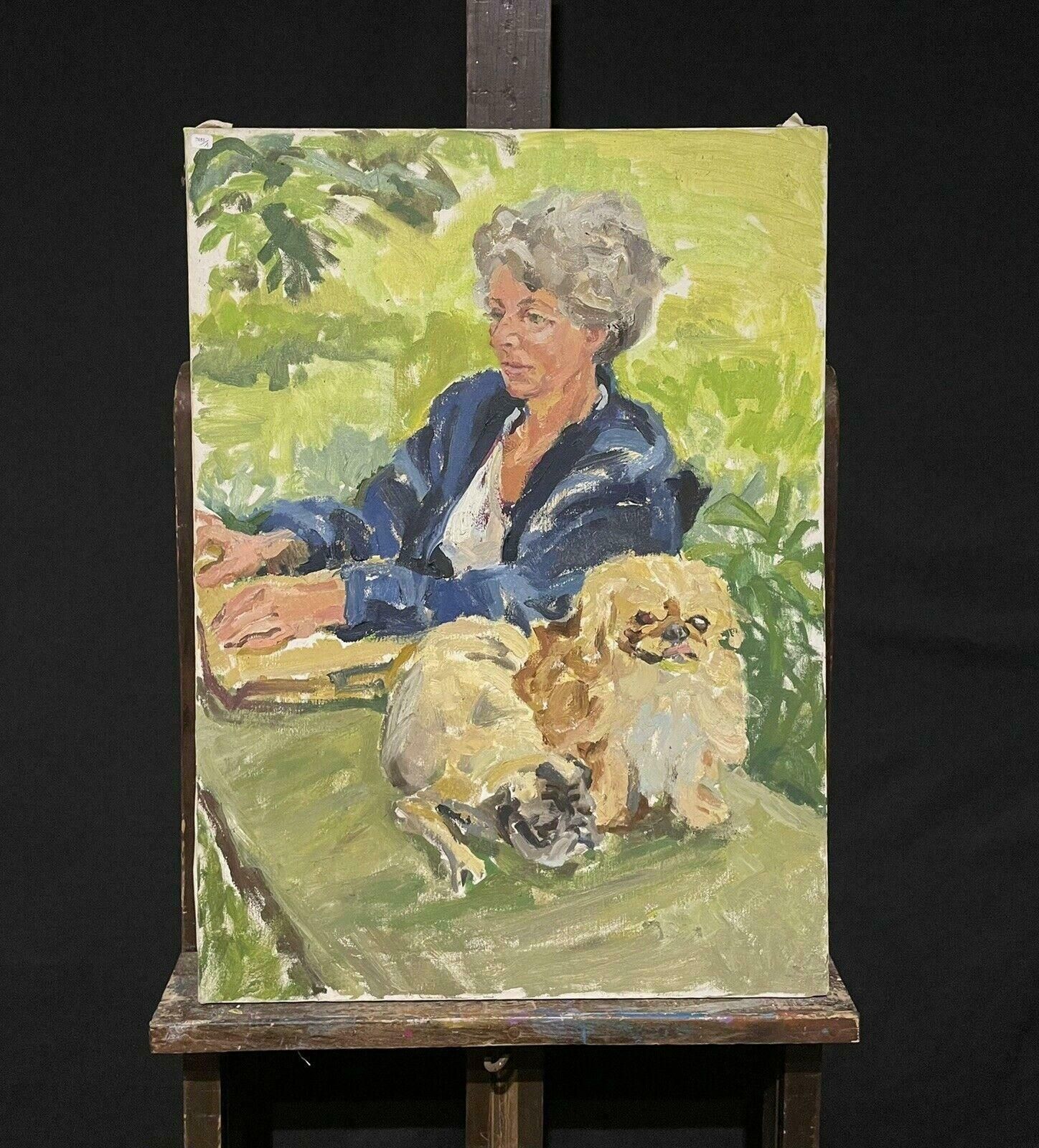 Douglas Stuart Allenlarge Impressionist Signed Oil Painting   Lady With Peke Dog In Garden20th Century photo furniture
