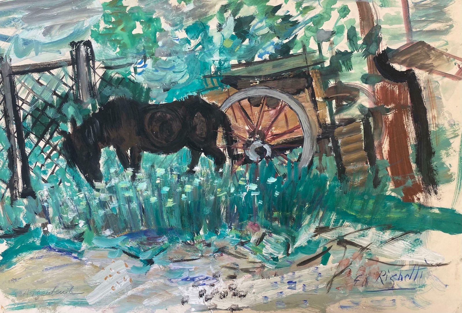 édouard Righetti (1924 2001)original French Mid Century Post Impressionist Watercolour  Horse And Cart1950's