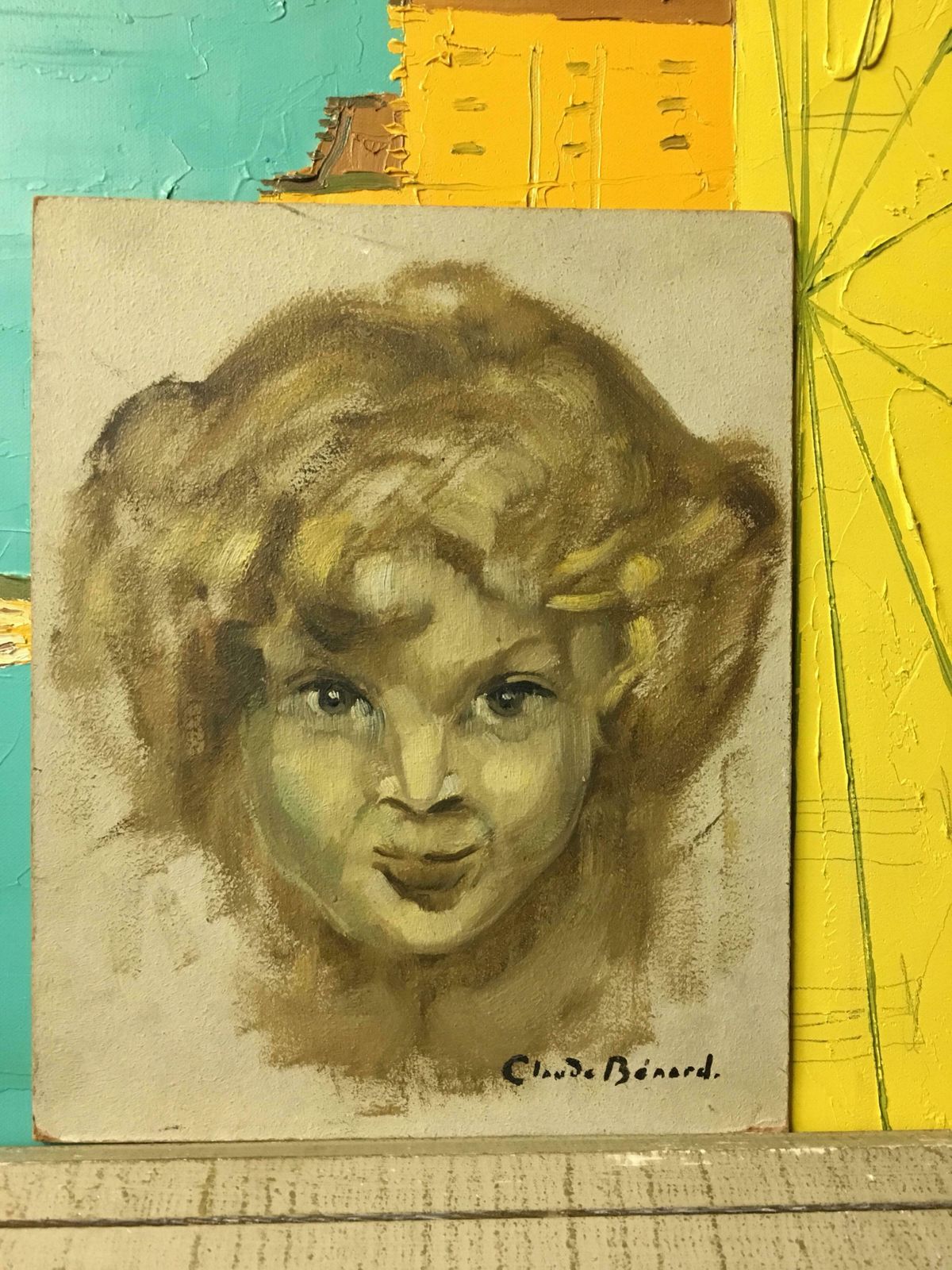 Claude Benardmischievous Child French Impressionist Portrait, Signed Oil Paintingc.1950s photo vinterior