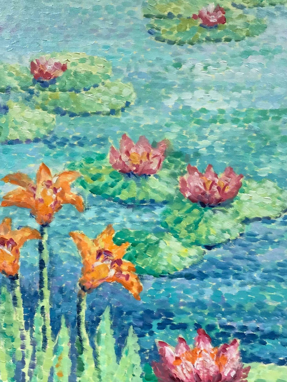 Maggy Claryssewaterlily Pond Bright & Colorful Pointillist Oil Paintingc. 2000 photo furniture