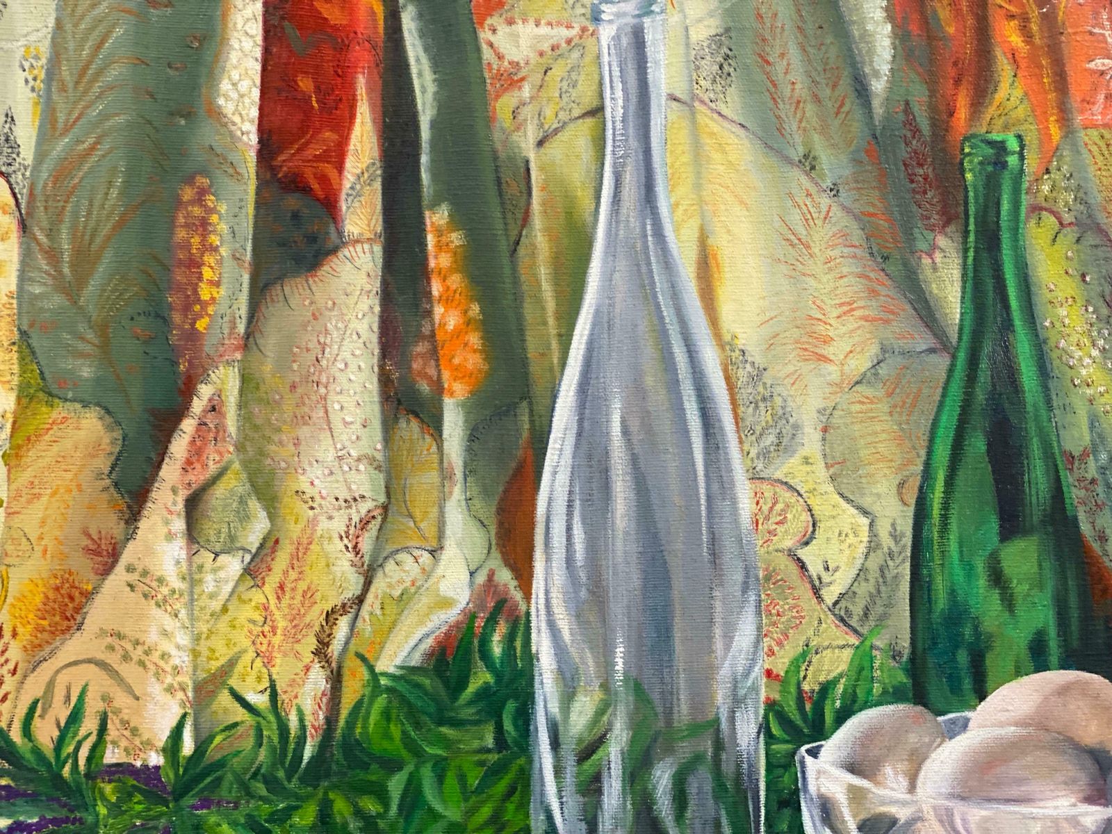 1970's French Large 1970's French Still Life Oil Painting Green Bottles Interior Scenec. 1970's photo Art