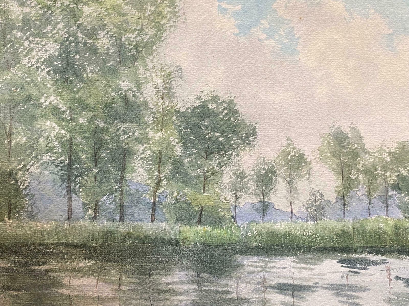 French Impressionistbright French Impressionist Antique Painting   Willow Trees By The River photo for sale