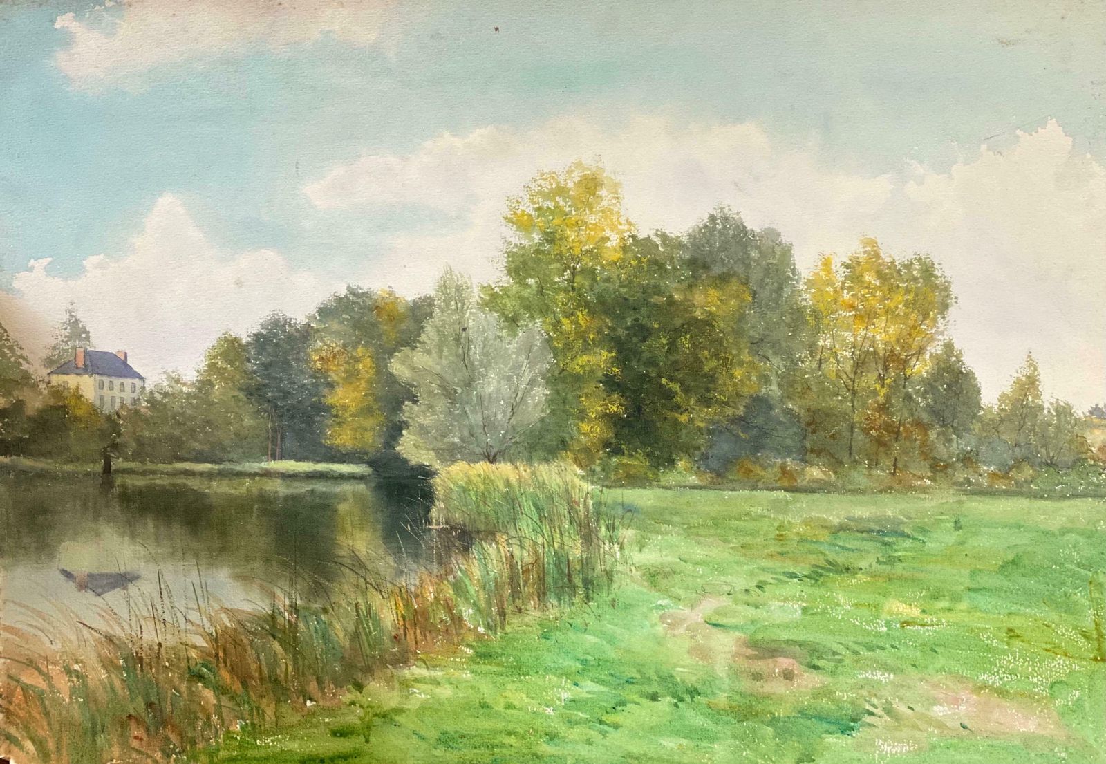 French Impressionistbright French Impressionist Antique Painting   Tranquil River Landscape