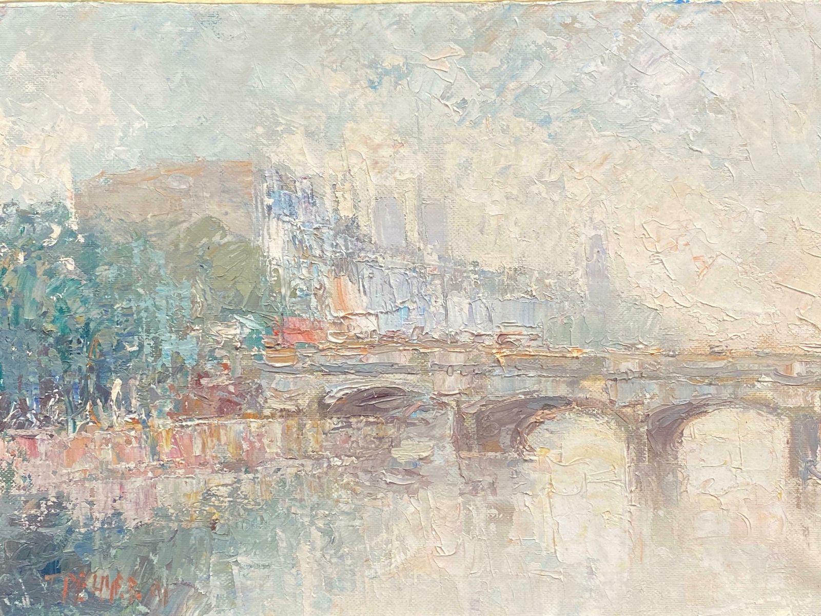 1970's Frenchpont Neuf Paris Misty River Seine Scene, French Expressionist Signed Oil