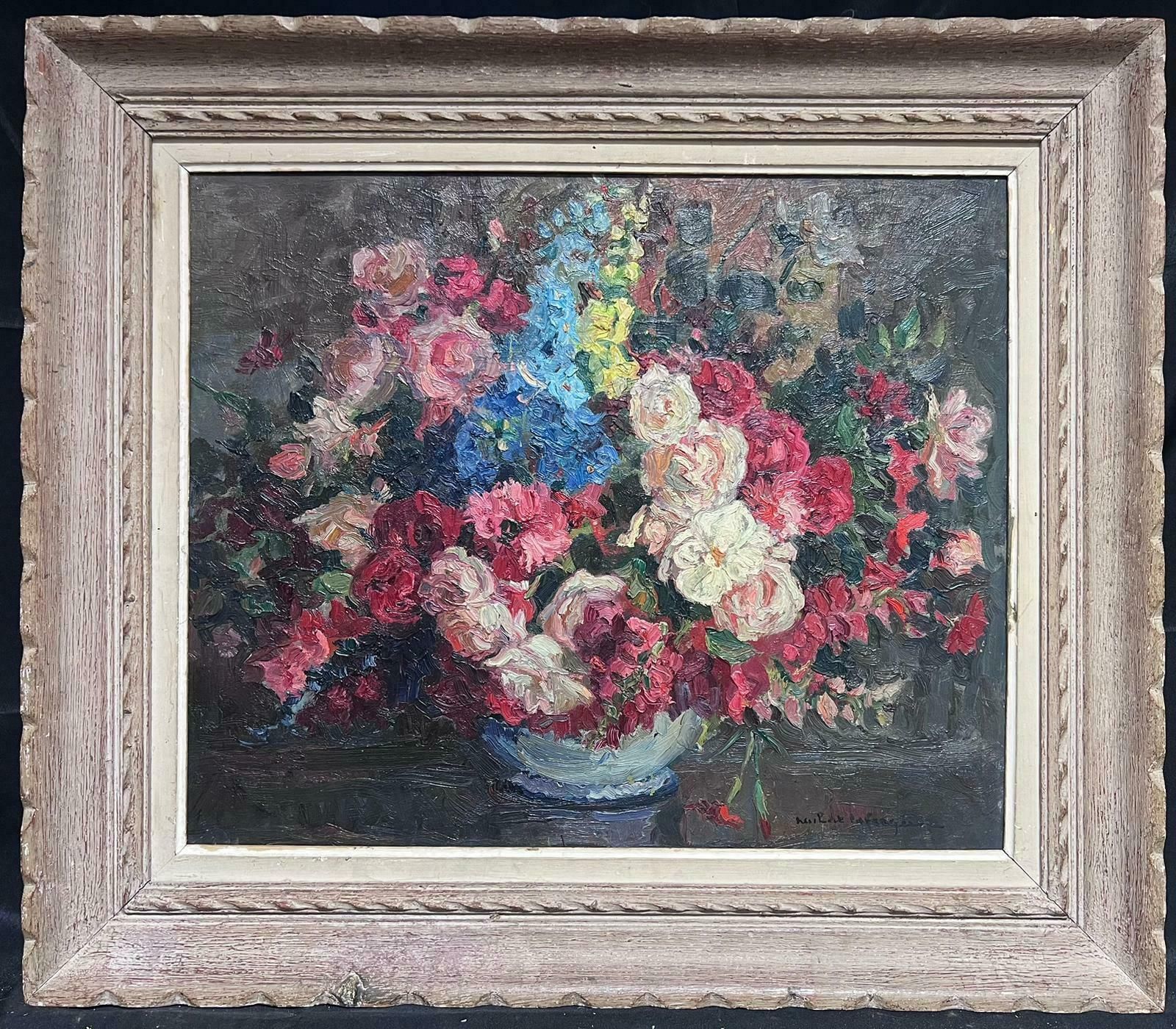 French Schoolmid 20th C French Impressionist Signed Oil Vintage Flowers Montparnasse Frame
