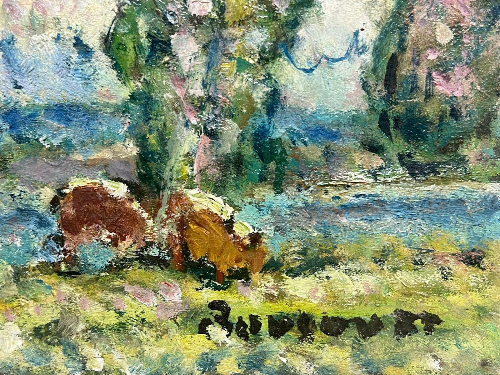 Georges Bousquait1960's French Post Impressionist Signed Oil Painting Cattle Grazing River Landsc photo furniture