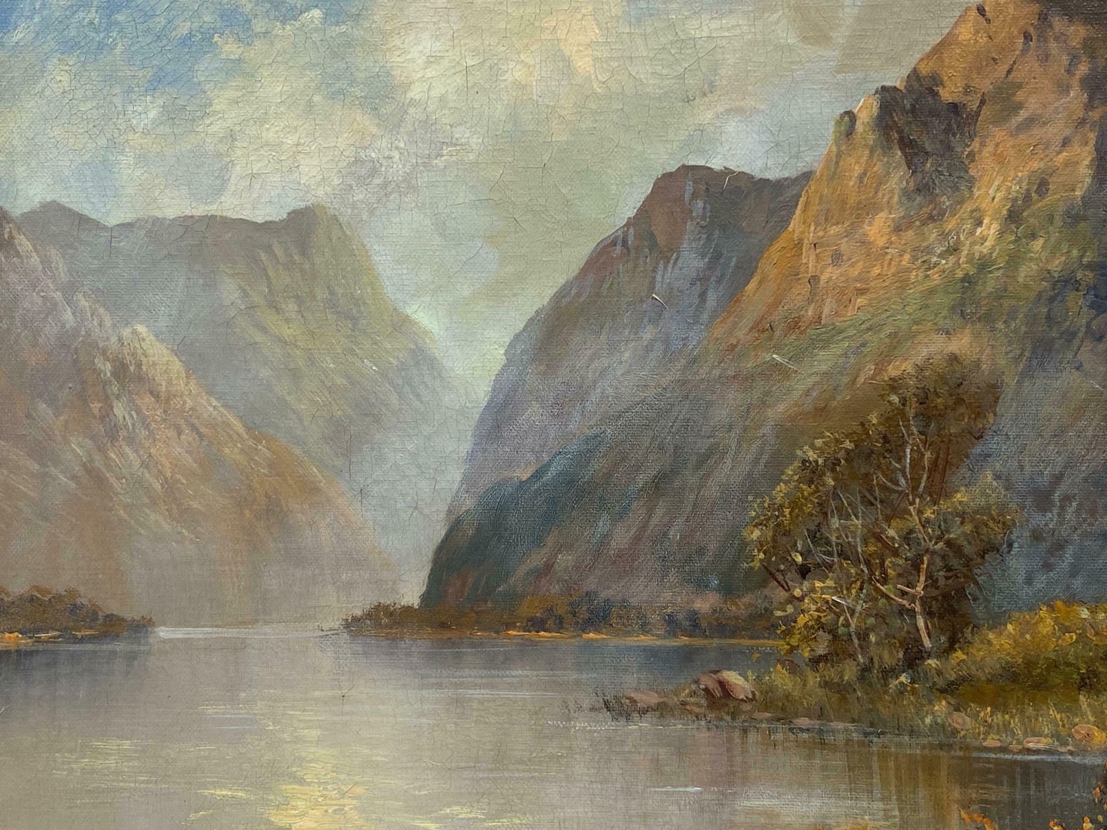 Francis E. Jamiesonantique Scottish Highlands Oil Painting Summer Loch Scene With Mountainsc.1920's photo furniture