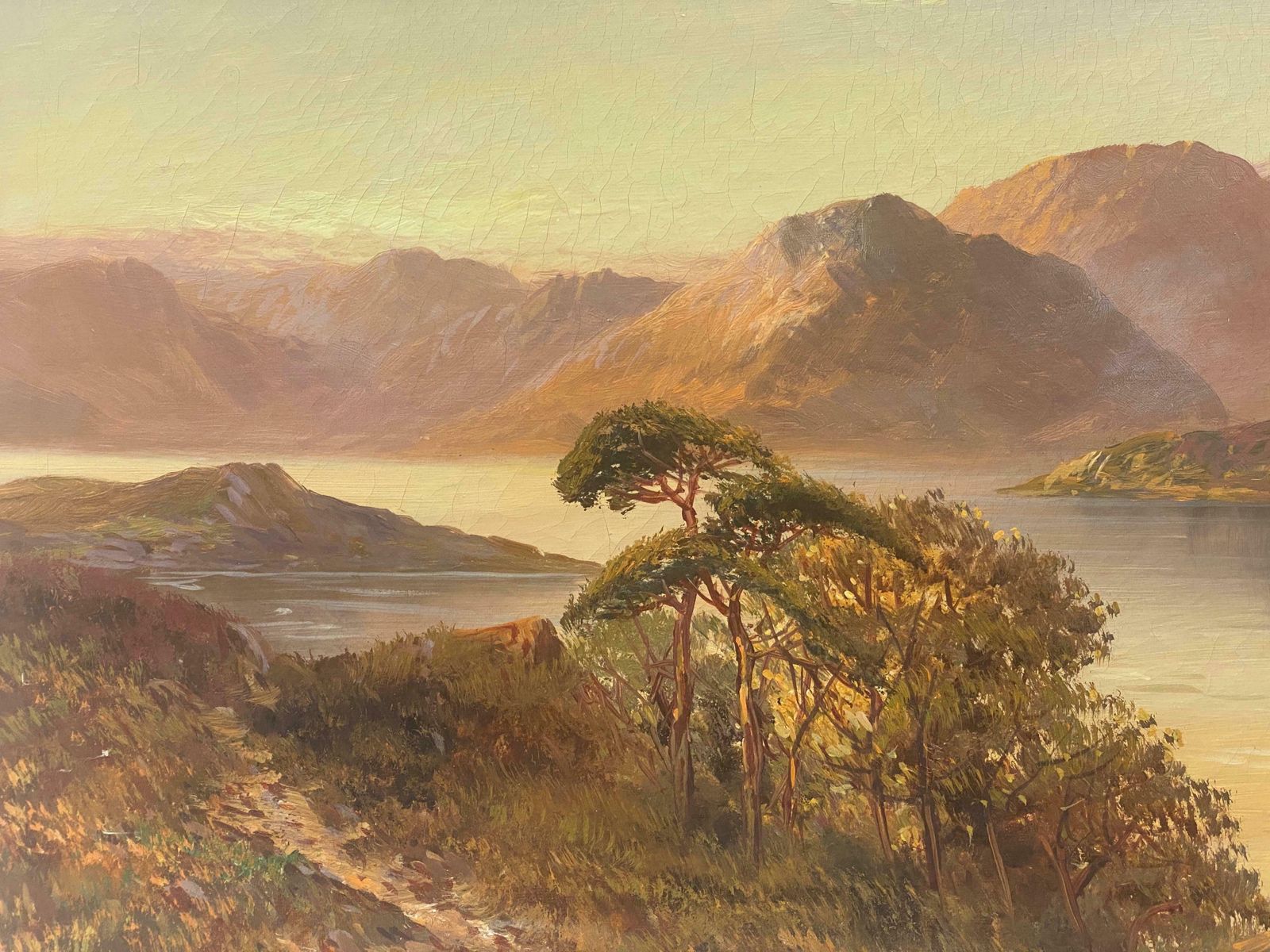 Francis E. Jamiesonantique Scottish Highlands Oil Painting Sunset Extensive Loch Landscape Scenec.1920's photo for sale
