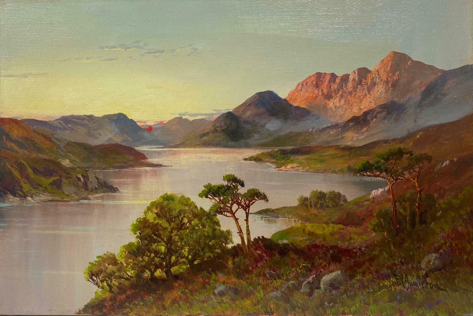 Francis E. Jamiesonantique Scottish Highlands Oil Painting Sunset Over The Mountain Loch Watersc.1920's photo furniture