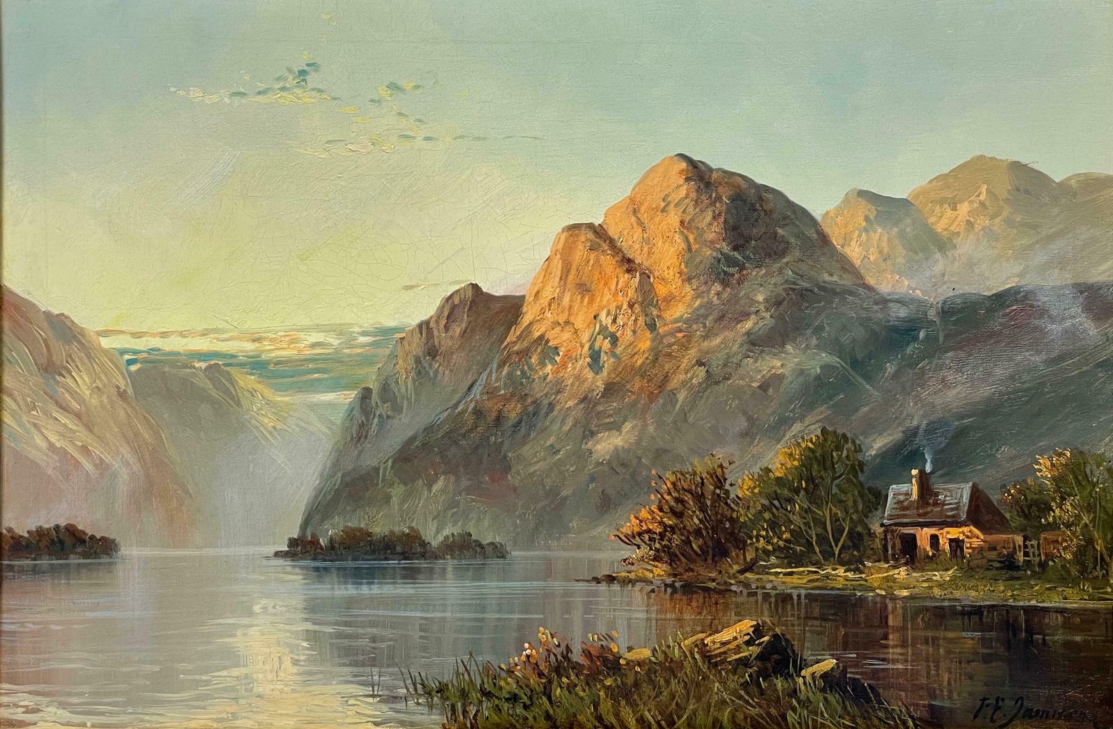 Francis E. Jamiesonantique Scottish Highland Loch Scene At Sunset With Cottage Golden Mountainsc.1930's photo Art