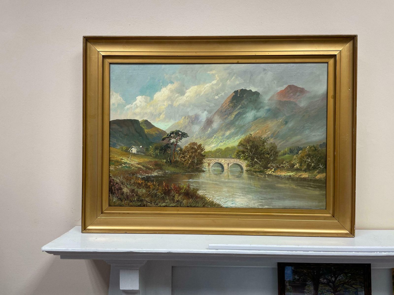 Francis E. Jamiesonantique Scottish Highlands Oil Painting River & Mountains Old Stone Bridgec.1930's photo furniture